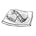 Contour illustration of a Japanese food with rice and salmon on plate. Vector black and white illustration